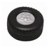 A black stress relief toy shaped like a tyre, featuring a silver rim in the centre. It has a textured surface.