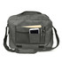 A grey messenger bag featuring multiple compartments, including pockets for a phone and pens. It has a sleek design and shoulder strap.