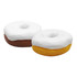 Two foam stress donuts in brown and yellow with a white icing top, featuring a central hole.