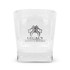 A glass tumbler in clear glass featuring a logo, designed for beverages.