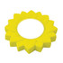 A vibrant yellow stress flower shaped toy with a central circular opening, resembling a sunflower.