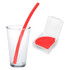 A red silicone straw in a clear glass next to a transparent case holding another red straw.