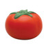A red stress relief toy shaped like a tomato, featuring a green leafy top. It has a smooth, soft texture.