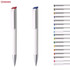 A collection of plastic pens in various colours, featuring a white body with red and blue accents and a silver tip.