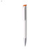 A plastic pen in white with an orange clip and a silver tip, featuring a logo on the body.