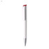 A plastic pen in white with a red clip and silver tip, featuring a logo on the body.
