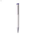 A white plastic pen with a purple accent and silver tip, featuring a clip and a simple design.