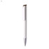 A white plastic pen with a silver tip and a clip, featuring a simple design and a branding logo.