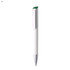 A white plastic pen with a green clip and a silver tip, featuring a branding logo.