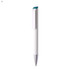A white plastic pen with a teal accent and a silver tip, featuring a logo on its body.