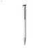 A white plastic pen with a blue clip and a silver tip, featuring a logo on its body.