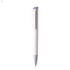 A white plastic pen with a silver tip and a purple cap, featuring a logo on the side.