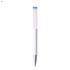 A plastic pen with a white body and a light blue top, featuring a silver tip. It has a logo on it.