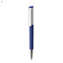 A blue plastic pen with a white clip and a metallic tip, featuring a logo.