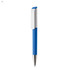 A blue plastic pen with a white clip and silver tip. The pen has a sleek design and includes a logo.