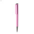 A pink plastic pen with a sleek design and a silver tip, featuring a clip and branding.