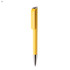 A yellow plastic pen with a sleek design and a chrome clip, featuring a branding logo.
