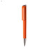 An orange plastic pen with a sleek design and a silver clip, featuring a logo.