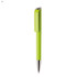 A bright green plastic pen with a silver clip and a sleek design, featuring a logo on its body.