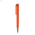 An orange plastic pen with a shiny silver clip. The pen features a smooth, sleek design and has a branding logo.