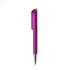 A purple plastic pen with a sleek design and chrome accents, featuring a logo on the barrel.