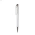 A clear plastic pen with a chrome clip and tip, featuring a simple, sleek design.