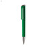 A green plastic pen with a shiny silver tip and a clip, featuring a branding logo.