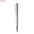 A silver plastic pen with a sleek design and a clip at the top. The pen has a branding logo on it.