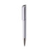 A silver plastic pen with a sleek design and a clip, featuring a brand logo near the top.