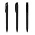 A set of three black plastic pens with translucent features and clip designs, showcasing different angles.