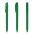 A transparent green plastic pen displayed in three positions, showcasing its design and clip feature.