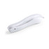 A white toothbrush with a curved design and a textured grip for comfort. It features a branding logo.