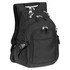 A black deluxe computer backpack with multiple zippered compartments and adjustable straps. Features a logo.