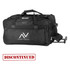 A black rolling duffle bag with wheels, featuring multiple compartments and a logo on the side.