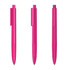 Three pink plastic pens with a glossy finish and clip. Each pen has a distinct position.