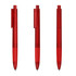 A set of three transparent red plastic pens with clips and a simple design, featuring branding on each.