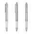 A set of three transparent plastic pens with white grips and silver tips, featuring a logo on the body.