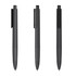 A set of black plastic pens with smooth finishes and clips, featuring a branding logo.