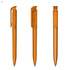 A transparent orange plastic pen displayed from three different angles, featuring a clip and a black ink tip.
