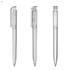 A set of three transparent plastic pens with a sleek design and smooth, clear bodies. Each pen has a clip.