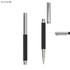 A metal rollerball pen in black with a textured grip and chrome accents, featuring a clip and a logo.