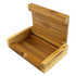 A bamboo phone case in natural wood tones, featuring an open design with a backrest and groove for securing a device.