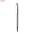 A metal pen in silver with a sleek design and a clip for securing it. Features a branding logo.