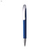A blue metal pen with a chrome clip, featuring a sleek design and a branded logo.
