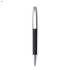 A metal pen in black with a silver clip and tip, featuring a logo on the clip.