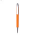An orange metal pen with a silver clip and tip, featuring a logo on the clip.