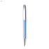 A metal pen with a light blue body and chrome accents, featuring a logo on the clip.