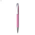 A pink metal pen featuring a chrome clip and a sleek design. It includes a logo on the barrel.