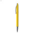A yellow metal pen with a shiny silver clip and tip, featuring a branding logo.