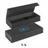 A black gift box with a hinged lid and a branded logo, designed for packaging pens.